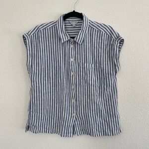 Orvis Linen Blend Blue White Striped Button Up Shirt Lightweight Beachy Casual